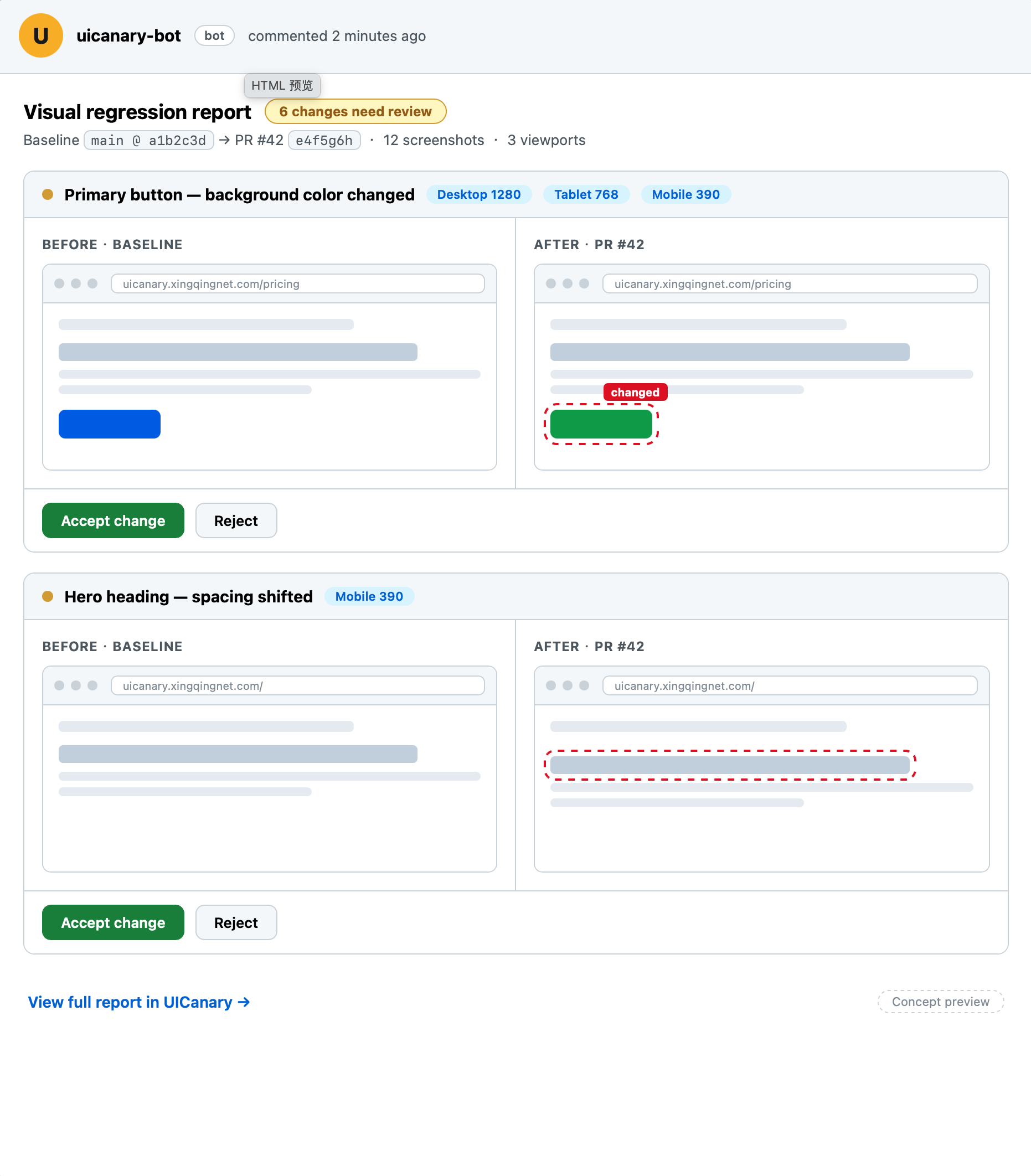 UICanary diff review UI — concept mock